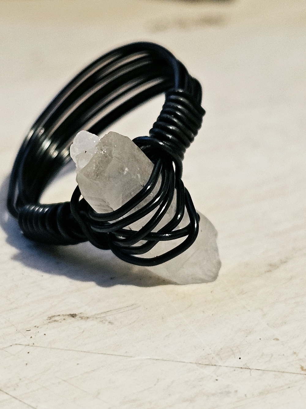 Handwrapped Black Wire Ring with Clear Quartz Point